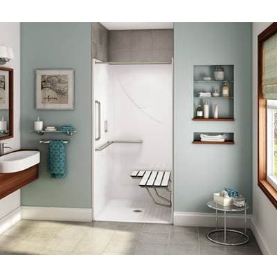 Aker Ops-3636 Acrylx Alcove Center Drain One-piece Shower in Biscuit - L-shaped and Vertical Grab...