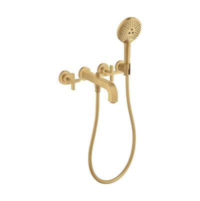 AXOR Citterio 3-Hole Wall-Mounted Tub Trim with Handshower, 1.75 GPM- Cross Handles in Brushed Gold Optic