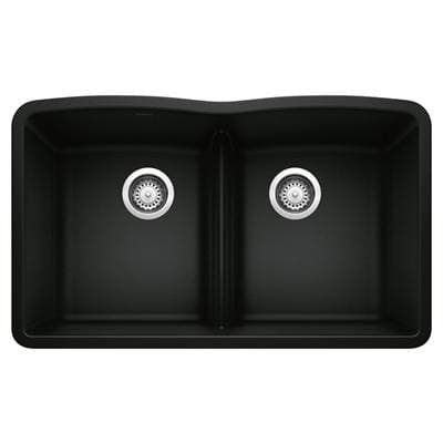Blanco Diamond Silgranit 32'' 50/50 Double Bowl Undermount Kitchen Sink with Low Divide - Coal Black by Blanco