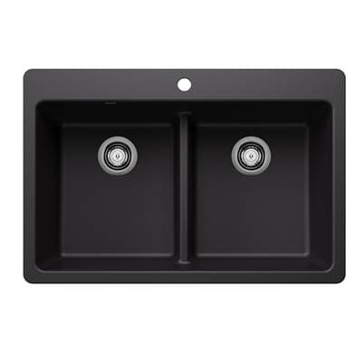 Blanco Liven Silgranit 33'' 50/50 Double Bowl Dual Mount Kitchen Sink with Low Divide - Coal Black