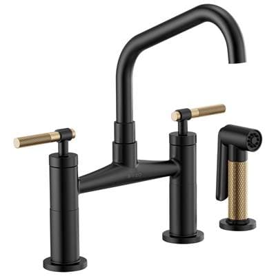 Brizo Litze Bridge Faucet with Angled Spout and Knurled Handle - Matte Black with Luxe Gold