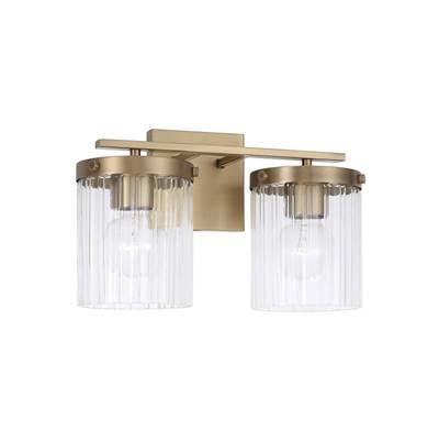 15'' W x 9'' H 2-Light Vanity in Aged Brass with Clear Beveled Fluted Glass