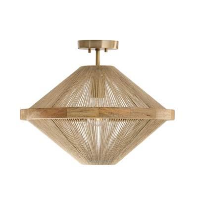19.75W x 16.25H 1-Light Dual Mount Pendant in Matte Brass with Mango Wood and Handwrapped Natural Jute Rope String