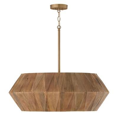 29'' W x 11'' H 6-Light Pendant in Hand-distressed Patinaed Brass and Handcrafted Mango Wood