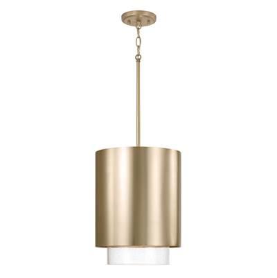 11.50''W x 19.50''H 1-Light Cylindrical Metal Pendant in Matte Brass with Seeded Glass