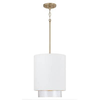 11.50''W x 19.50''H 1-Light Cylindrical Metal Pendant in Matte White with Matte Brass Interior and Seeded Glass