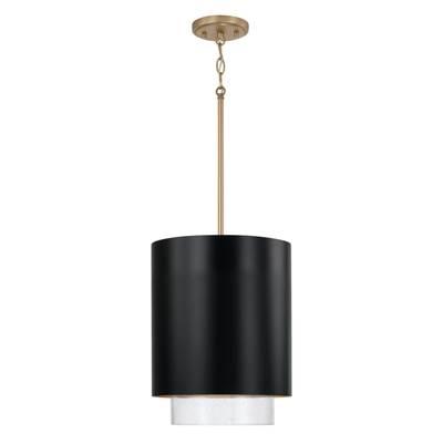 11.50''W x 19.50''H 1-Light Cylindrical Metal Pendant in Matte Black with Matte Brass Interior and Seeded Glass