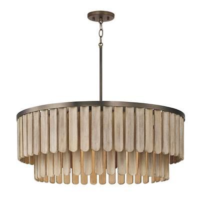 30'' W x 11'' H 6-Light Pendant in Dark Brass with Handcrafted Mango Wood in Nordic Grey Stain