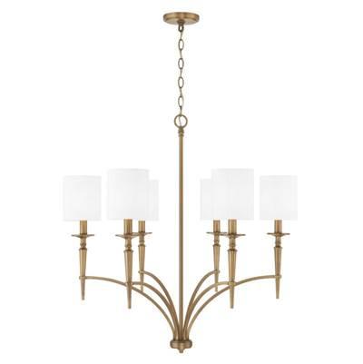 Abbie 6-Light Chandelier in Aged Brass with White Fabric Stay-Straight Shades