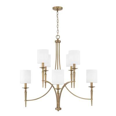 Abbie 8-Light Chandelier in Aged Brass with White Fabric Stay-Straight Shades by Capital Lighting