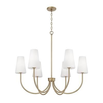 37.25'' W x 26.5'' H 6-Light Transitional Chandelier in Aged Brass with Tapered Soft White Glass