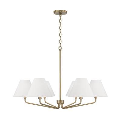 34'' W x 22.5'' H 6-Light Angular Chandelier in Aged Brass with Tapered White Fabric Shades