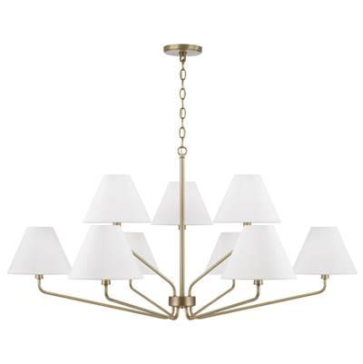45'' W x 22.5'' H 9-Light Angular Two-Tier Chandelier in Aged Brass with Tapered White Fabric Shades