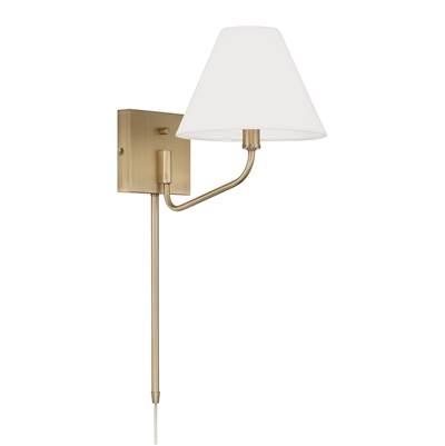 8.5'' W x 10.25'' H 1-Light Swivel Armed Sconce in Aged Brass and Tapered White Fabric Shade with Optional Plug-in and Cord Cover