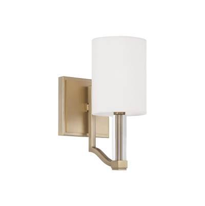 5'' W x 10.25'' H 1-Light Wallchiere Sconce in Matte Brass with Clear Acrylic Accents and Cylindrical White Fabric Shades