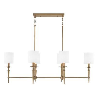 Abbie 6-Light Island in Aged Brass with White Fabric Stay-Straight Shades