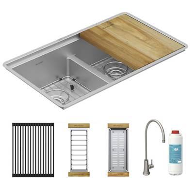 Elkay Crosstown 16 Gauge Workstation Stainless Steel, 31-1/2'' x 18-1/2'' x 9'' Equal Double Bowl Sink Kit with Aqua Divide and Filtered Glass Filler