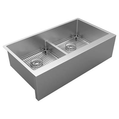 16 Gauge Stainless Steel 35-7/8'' x 20-14'' x 9'' Double Bowl Farmhouse Undermount Kitchen Sink Kit with Aqua Divide - Large Apron Front
