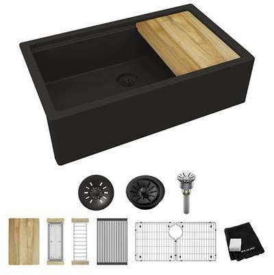 Elkay Quartz Luxe 35-7/8 x 21-9/16 x 9 Single Bowl 10'' Apron Farmhouse Workstation Sink with Perfect Drain, Obsidian