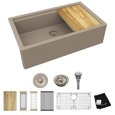 Elkay Quartz Luxe 35-7/8 x 21-9/16 x 9 Single Bowl 10'' Apron Farmhouse Workstation Sink with Perfect Drain, Sandstone by Elkay Reserve Selection