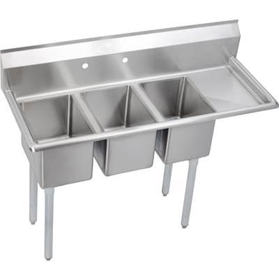 3 Compartment Sink, 49X20 OA, 10X14 Bowl, 10 Deep, Right 12 DBs, SS Legs, 16 GA 300 Series SS, NSF by Elkay
