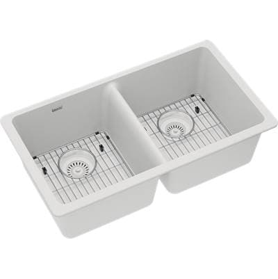 Elkay Quartz Classic 33'' X 18-1/2'' X 9-1/2'', Equal Double Bowl Undermount Sink Kit - White