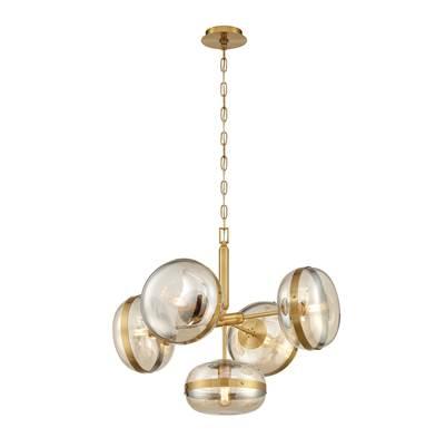 Nottingham, Chandelier, 5-Light, 28'', Antique Brass, Amber Glass by Eurofase