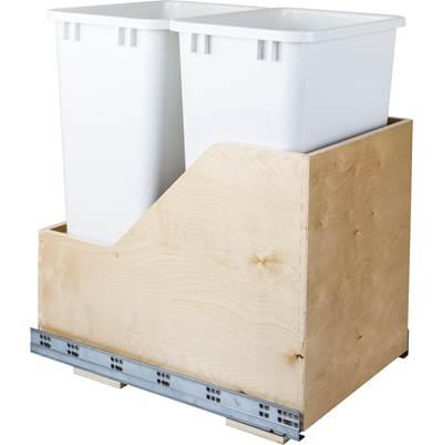 Double 50 Quart Wood Bottom-Mount Soft-close Trashcan Rollout for Hinged Doors, Includes White Cans