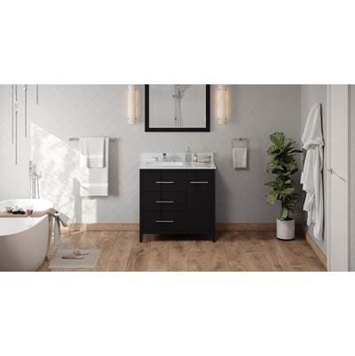 Jeffrey Alexander 36'' Black Katara Vanity, Left Offset, White Carrara Marble Vanity Top,...