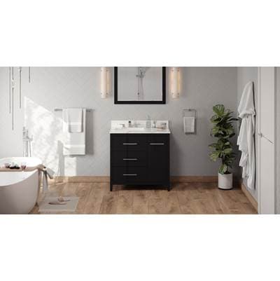 Jeffrey Alexander 36'' Black Katara Vanity, Left Offset, Calacatta Vienna Quartz Vanity Top,...