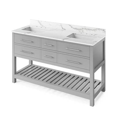 Jeffrey Alexander 60'' Grey Wavecrest Vanity, Double Bowl, Calacatta Vienna Quartz Vanity Top,...