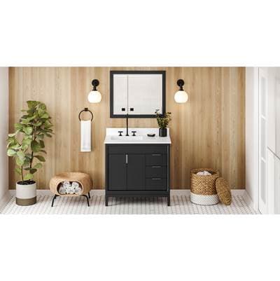 Jeffrey Alexander 36'' Black Theodora Vanity, Left Offset, White Quartz Vanity Top, Undermount...