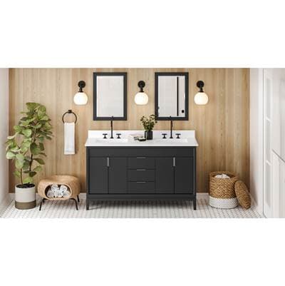 Jeffrey Alexander 60'' Black Theodora Vanity, Double Bowl, White Quartz Vanity Top, Two...