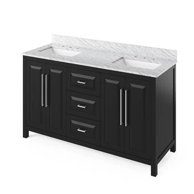 Jeffrey Alexander 60'' Black Cade Vanity, Double Bowl, White Carrara Marble Vanity Top, Two...