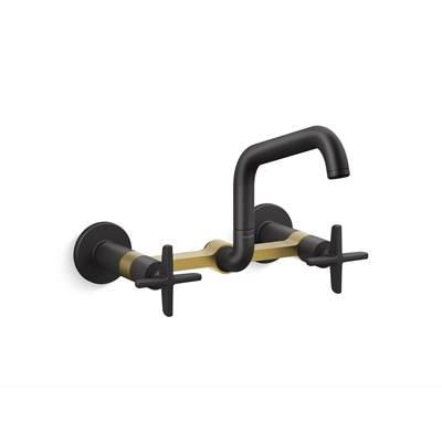 BilletE Two-hole wall-mount bridge kitchen sink faucet - Matte Black With Brushed Moderne Brass