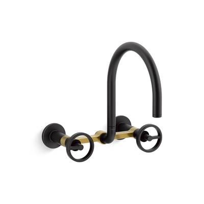 BilletE Two-hole wall-mount bridge kitchen sink faucet - Matte Black With Brushed Moderne Brass