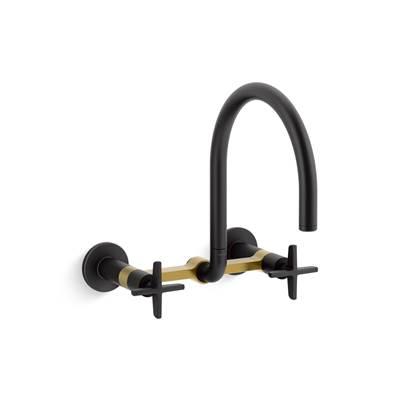 BilletE Two-hole wall-mount bridge kitchen sink faucet - Matte Black With Brushed Moderne Brass