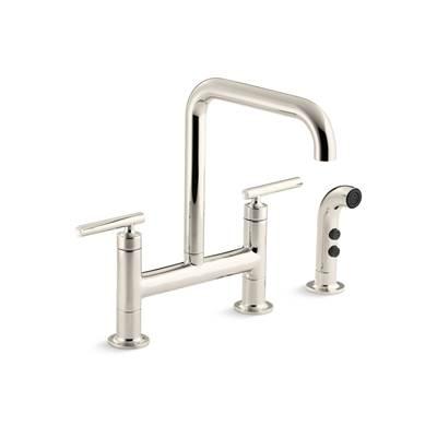 Kohler Purist Two-hole bridge kitchen sink faucet with side sprayer - Vibrant Polished Nickel by Kohler