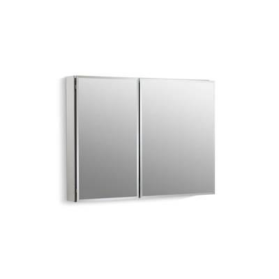 35'' W x 26'' H aluminum two-door medicine cabinet with mirrored doors, beveled edges