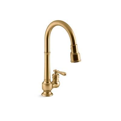 Artifacts Pull-down kitchen sink faucet with three-function sprayhead - Vibrant Brushed Moderne Brass by Kohler
