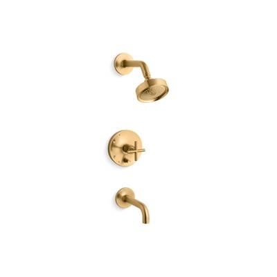 Kohler Purist Rite-Temp bath and shower trim kit with push-button diverter and cross handle, 2.5 gpm - Vibrant Brushed Moderne Brass by Kohler