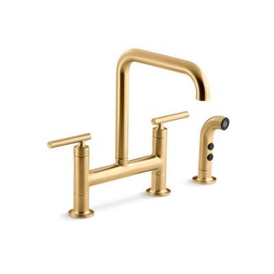 Kohler Purist Two-hole bridge kitchen sink faucet with side sprayer - Vibrant Brushed Moderne Brass by Kohler