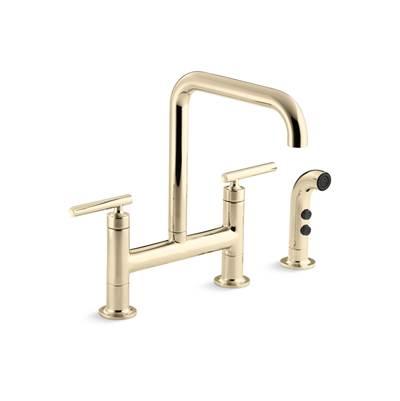 Kohler Purist Two-hole bridge kitchen sink faucet with side sprayer - Vibrant French Gold by Kohler