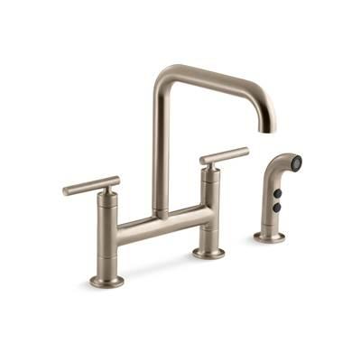 Kohler Purist Two-hole bridge kitchen sink faucet with side sprayer - Vibrant Brushed Bronze by Kohler