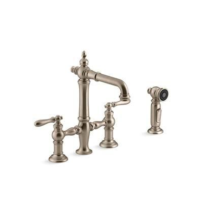 Artifacts Two-hole bridge bar sink faucet with side sprayer by Kohler