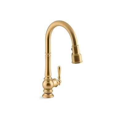 Artifacts Pull-down kitchen sink faucet with three-function sprayhead - Vibrant Brushed Moderne Brass by Kohler
