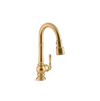 Artifacts Pull-down kitchen sink faucet with three-function sprayhead - Vibrant Brushed Moderne Brass by Kohler