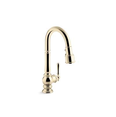 Artifacts Pull-down kitchen sink faucet with three-function sprayhead - Vibrant French Gold by Kohler