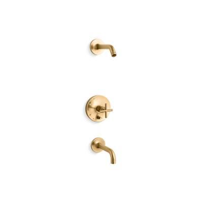 Kohler Purist Rite-Temp bath and shower trim kit with push-button diverter and cross handle, without showerhead - Vibrant Brushed Moderne Brass by Kohler