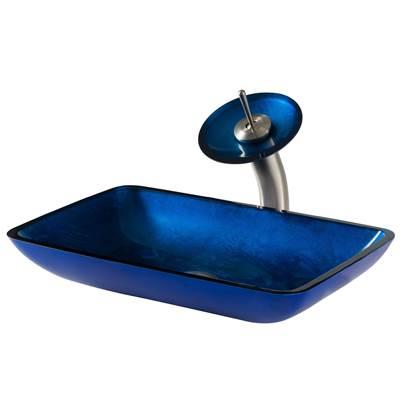 Rectangular Blue Glass Bathroom Vessel Sink and Waterfall Faucet Combo Set with Matching Disk and Pop-Up Drain, Satin Nickel Finish